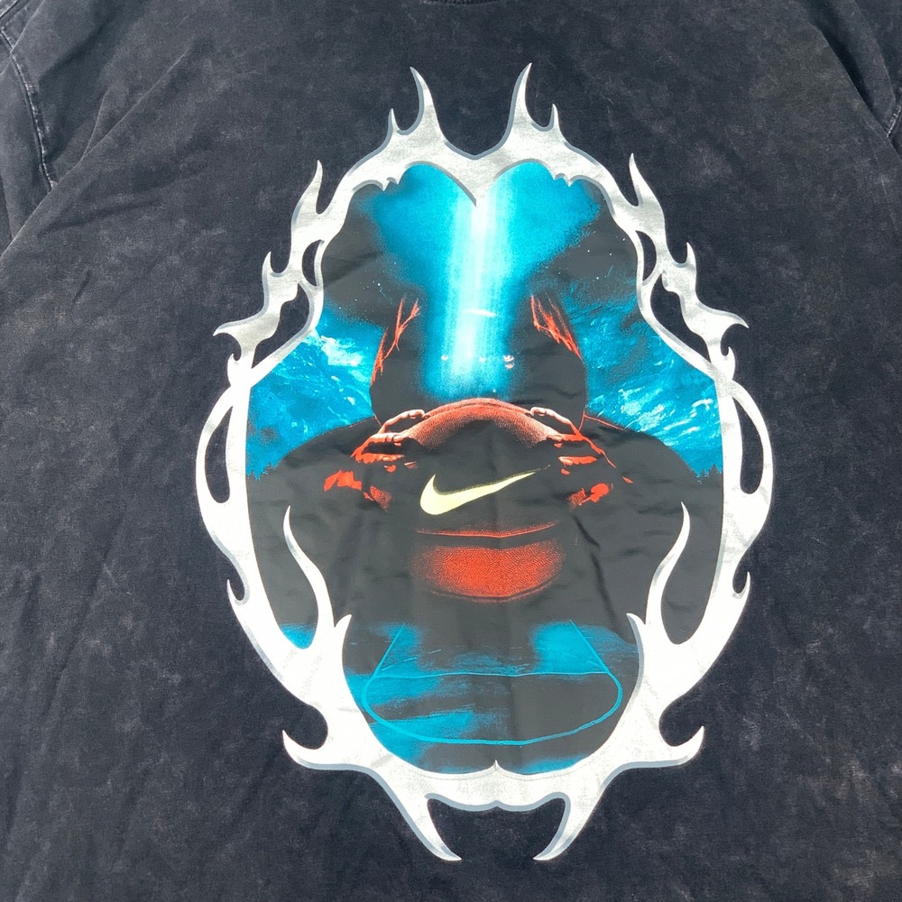 Nike Graphic T-Shirt Mens Medium Black Acid Wash Basketball Flame Loose Fit Tee